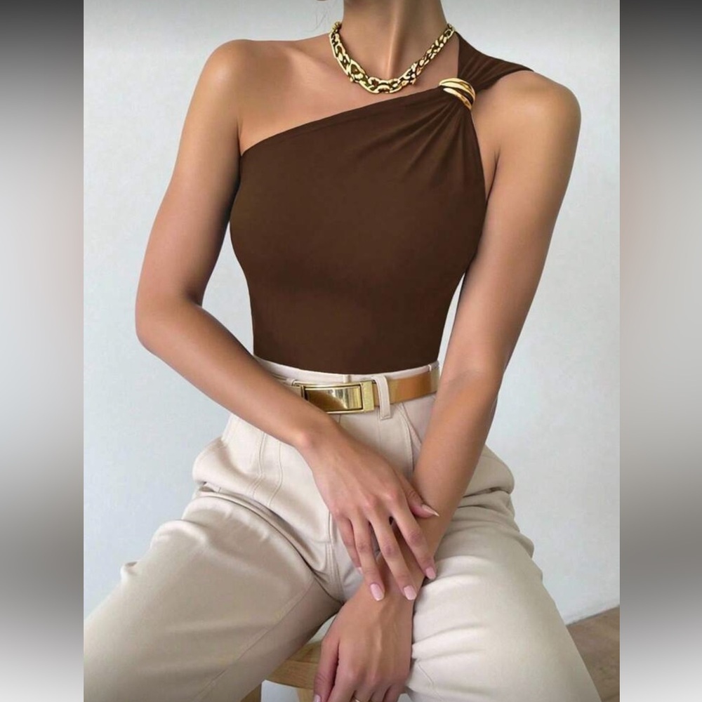 Elegant Brown One-Shoulder Top